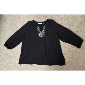 Sejour Ruffled Blouse Black Floral Embroidery 2X Pullover 3/4” Sleeved Bohemian